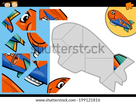 Cartoon Vector Illustration of Education Jigsaw Puzzle Game for Preschool Children with Funny Zeppelin or Blimp Character