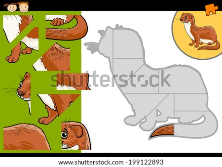 Cartoon Vector Illustration of Education Jigsaw Puzzle Game for Preschool Children with Funny Weasel Animal Character