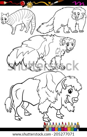 Coloring Book or Page Cartoon Vector Illustration of Black and White Wild Mammals Animals Characters for Children
