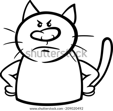 Black and White Cartoon Vector Illustration of Funny Cat Expressing Angry Mood or Emotion for Coloring Book