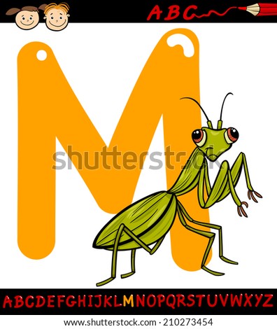 Cartoon Vector Illustration of Capital Letter M from Alphabet with Mantis Insect Animal for Children Education