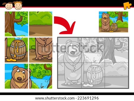 Cartoon Vector Illustration of Education Jigsaw Puzzle Game for Preschool Children with Funny Bear Animal