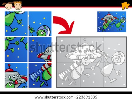 Cartoon Vector Illustration of Education Jigsaw Puzzle Game for Preschool Children with Funny Aliens with Ufo