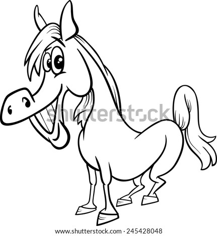 Black and White Cartoon Illustration of Funny Horse Farm Animal for Coloring Book