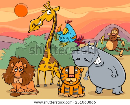 Cartoon Vector Illustration of Scene with Wild Safari Animals Characters Group