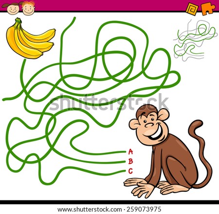Cartoon Vector Illustration of Education Path or Maze Game for Preschool Children with Monkey and Banana