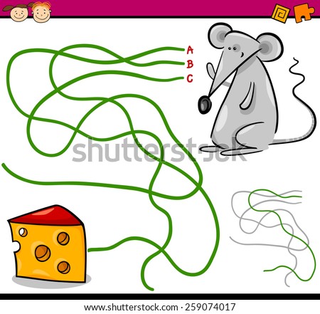 Cartoon Vector Illustration of Education Path or Maze Game for Preschool Children with Mouse and Cheese