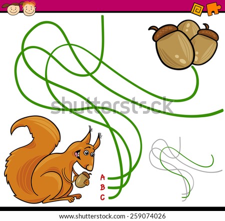 Cartoon Vector Illustration of Education Path or Maze Game for Preschool Children with Squirrel and Acorn