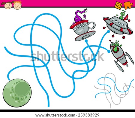 Cartoon Vector Illustration of Education Path or Maze Game for Preschool Children with Aliens and Planet