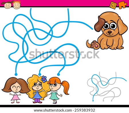 Cartoon Vector Illustration of Education Path or Maze Game for Preschool Children with Girls and Puppy