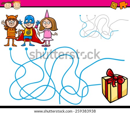 Cartoon Vector Illustration of Education Paths or Maze Game for Preschool Children with Children and Present