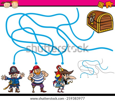 Cartoon Vector Illustration of Education Path or Maze Game for Preschool Children with Pirates and Treasure