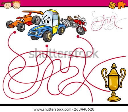Cartoon Vector Illustration of Education Paths or Maze Game for Preschool Children with Cars