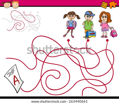 Cartoon Vector Illustration of Education Paths or Maze Game for Preschool Children
