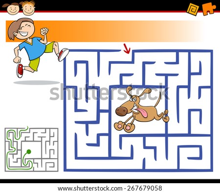 Cartoon Vector Illustration of Education Maze or Labyrinth Game for Preschool Children with Cute Boy and Dog