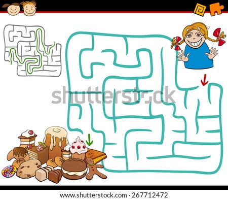 Cartoon Vector Illustration of Education Maze or Labyrinth Game for Preschool Children with Cute Girl and Sweets