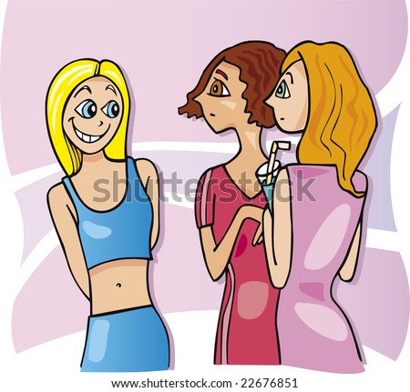 stock vector : cartoon illustration of two girls talking and third wants to 