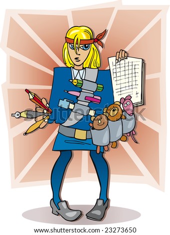 stock vector : cartoon illustration of blonde girl student ready to exam