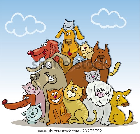 stock vector : cartoon illustration of large group of funny cats and dogs