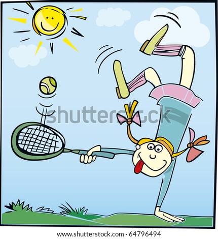 stock photo : Cartoon illustration of funny little girl playing tennis