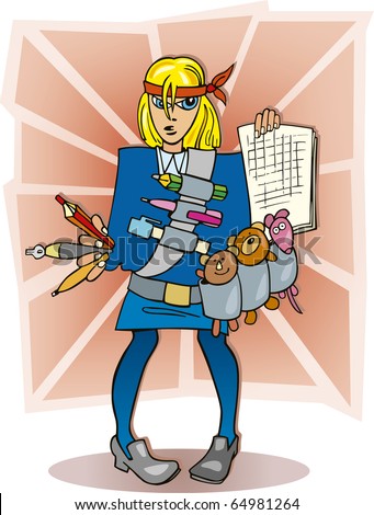 stock photo : Cartoon illustration of blonde girl student ready to exam