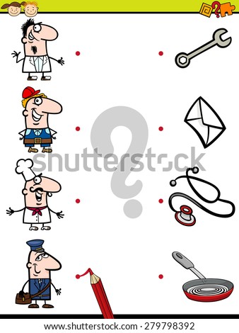 Cartoon Illustration of Education Element Matching Game for Preschool Children with People Occupations