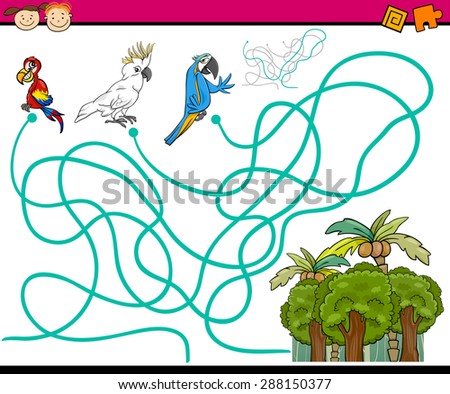 Cartoon Vector Illustration of Education Paths or Maze Game for Preschool Children with Parrots Birds