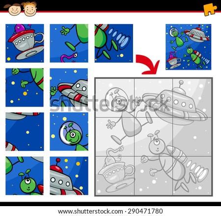 Cartoon Vector Illustration of Education Jigsaw Puzzle Game for Preschool Children with Aliens Characters in Space