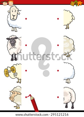 Cartoon Vector Illustration of Education Matching Halves Game for Preschool Children with Sheep Animal Characters