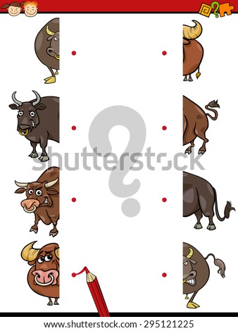 Cartoon Vector Illustration of Education Matching Halves Game for Preschool Children with Bull Animal Characters