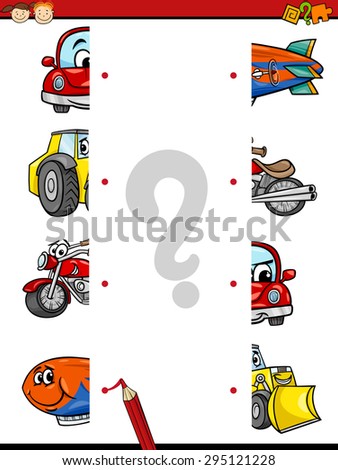 Cartoon Vector Illustration of Education Halves Joining Game for Preschool Children with Transportation Characters