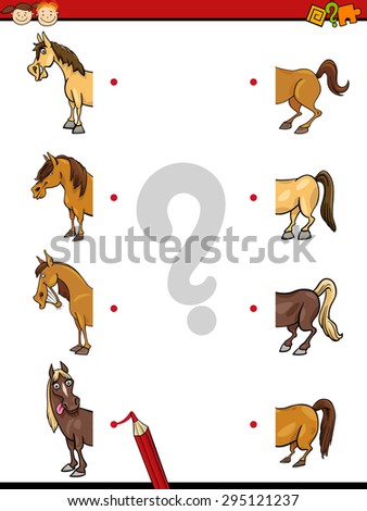 Cartoon Vector Illustration of Education Halves Matching Game for Preschool Children with Horse Animal Characters