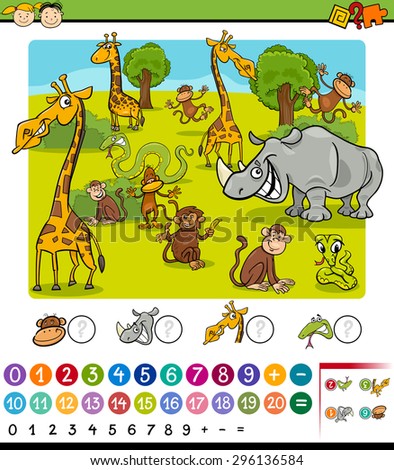 Cartoon Vector Illustration of Education Mathematical Game for Preschool Children with Safari Animals