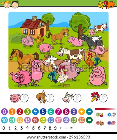 Cartoon Vector Illustration of Education Mathematical Game for Preschool Children with Farm Animals
