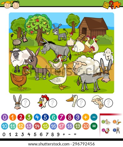 Cartoon Vector Illustration of Education Mathematical Game for Preschool Children with Farm Animals