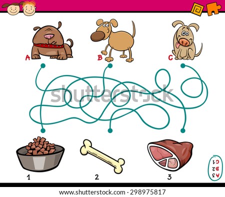 Cartoon Vector Illustration of Education Paths or Maze Game for Preschool Children with Dogs and Food
