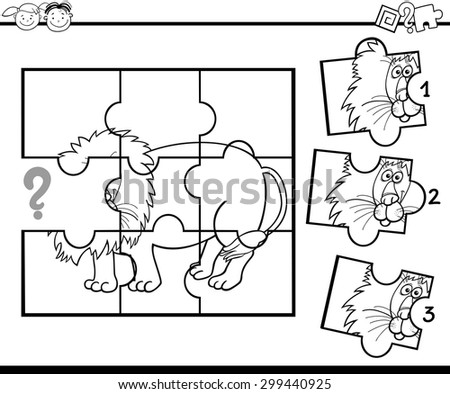 Black and White Cartoon Vector Illustration of Jigsaw Puzzle Education Game for Preschool Children with Lion for Coloring