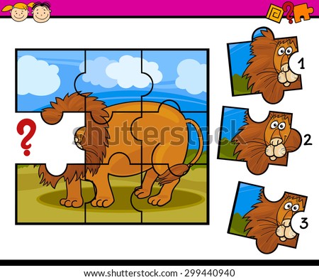 Cartoon Vector Illustration of Jigsaw Puzzle Education Game for Preschool Children with Lion