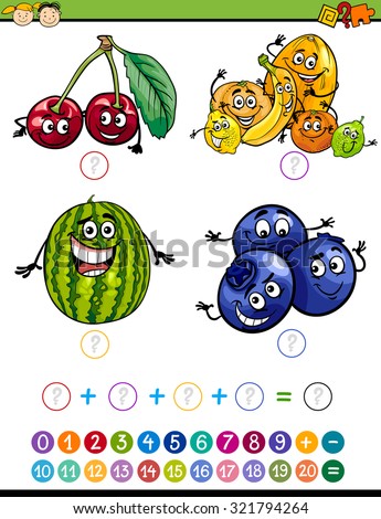 Cartoon Vector Illustration of Education Mathematical Addition Task for Preschool Children with Funny Fruits