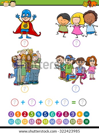 Cartoon Vector Illustration of Education Mathematical Addition Task for Preschool Children with Pupils Characters