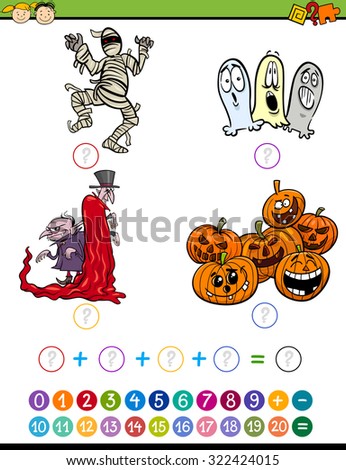 Cartoon Vector Illustration of Education Mathematical Addition Task for Preschool Children with Halloween Characters