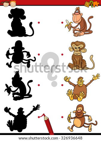 Cartoon Vector Illustration of Education Shadow Task for Preschool Kids with Monkeys Animal Characters