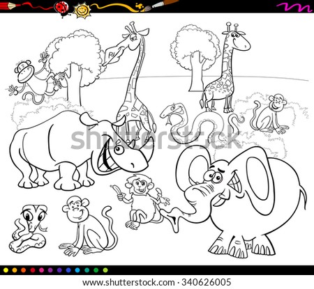 Black and White Cartoon Vector Illustration of Scene with African Safari Animals Characters Group for Coloring Book