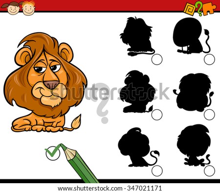 Cartoon Vector Illustration of Education Shadow Matching Task for Preschool Children with Lion Animal Character