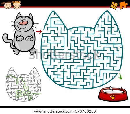 Cartoon Vector Illustration of Education Maze or Labyrinth Game for Preschool Children with Cat and Milk