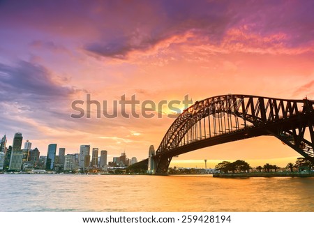 Sydney Harbour Panorama viewed from Kirribilli in North Sydney at dusk