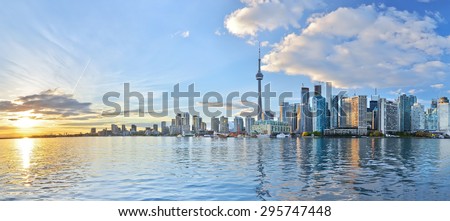 Panorama of Toronto skyline at sunset in Ontario, Canada.