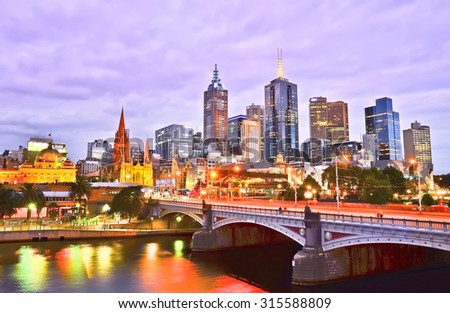 Melbourne, Australia - January 18, 2015: View of Melbourne skyline and Yarra River at dusk in Melbourne on January 18, 2015.