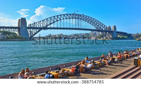Sydney, Australia - January 23 : Panorama of Sydney Harbor with Harbor Bridge in a sunny day on January 23, 2015 in Sydney, Australia.