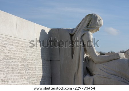 VIMY, FRANCE- NOVEMBER 11, 2014:Canadian memorial of Vimy in Nord of France. Memorial to the first world war. Sculpture commemorates Canadian soldiers killed in war
